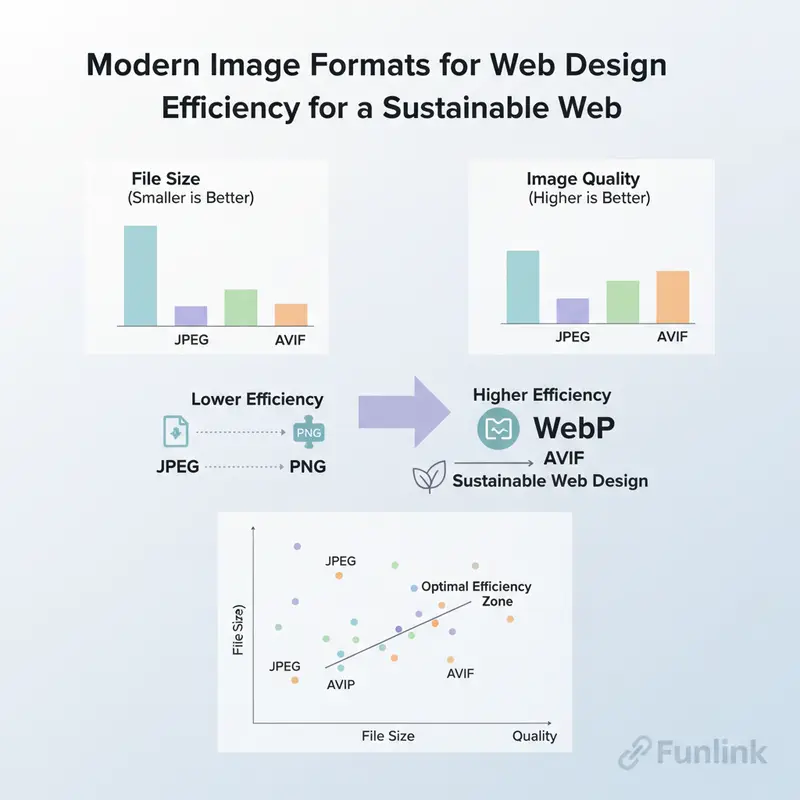 Sơ đồ so sánh các định dạng ảnh cho sustainable web design, cho thấy WebP và AVIF tiết kiệm dung lượng nhất.