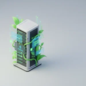 Minh họa khái niệm sustainable web design với hình ảnh máy chủ được bao bọc bởi cây xanh, tượng trưng cho công nghệ bền vững.