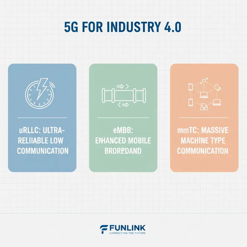 Sơ đồ 3 đặc tính cốt lõi của 5G đối với IoT: Độ trễ siêu thấp, Băng thông rộng, Mật độ kết nối cao.