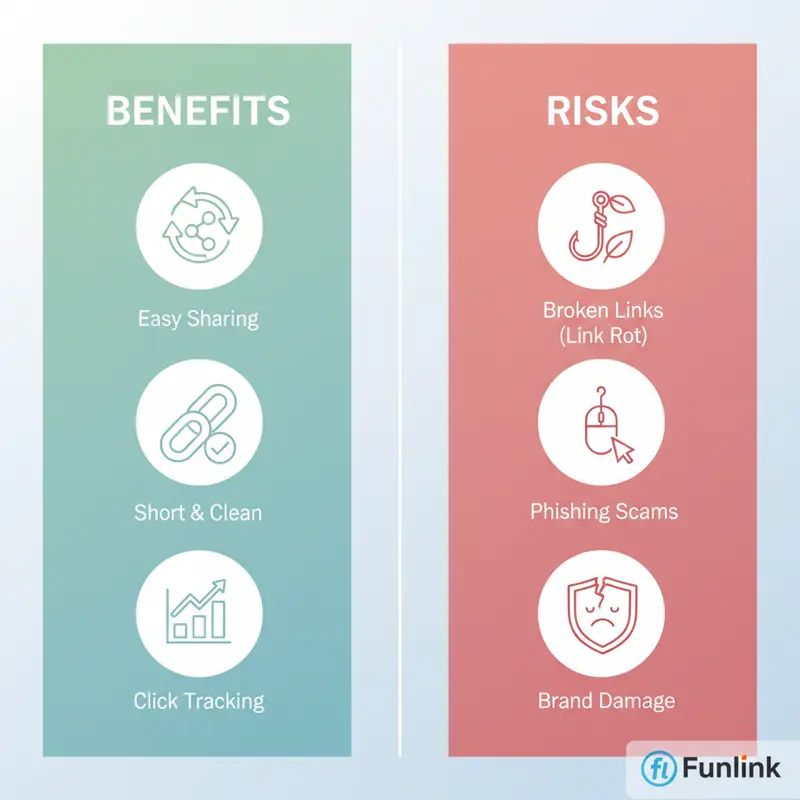 Infographic so sánh lợi ích và tác hại của short link: một bên là tiện lợi, một bên là rủi ro phishing và link chết.