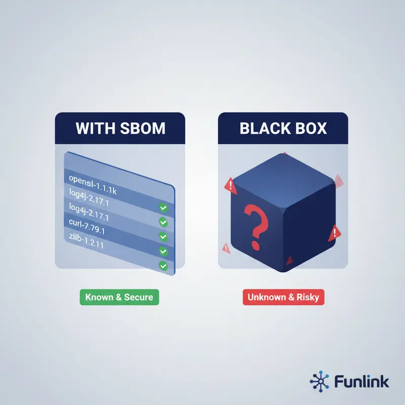 Infographic so sánh phần mềm có SBOM rõ ràng và không có, nhấn mạnh tầm quan trọng trong việc phòng chống tấn công chuỗi cung ứng.