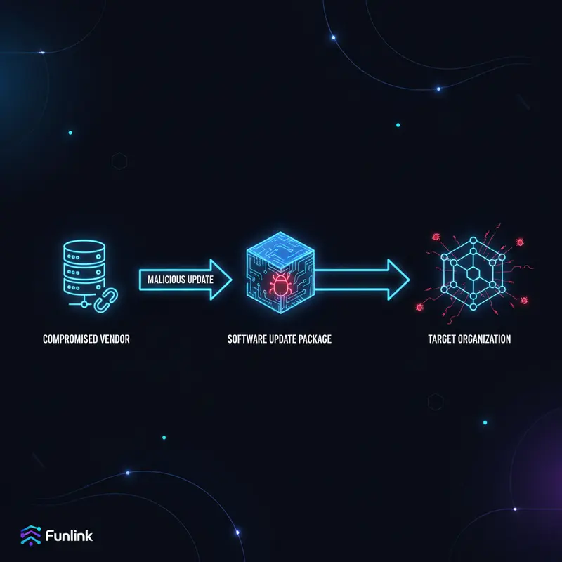 Sơ đồ minh họa các giai đoạn của một cuộc tấn công chuỗi cung ứng, từ nhà cung cấp đến doanh nghiệp mục tiêu.
