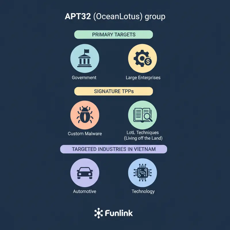 Infographic hồ sơ nhóm hacker APT32, tóm tắt mục tiêu và các chiến thuật tấn công có chủ đích tại Việt Nam.