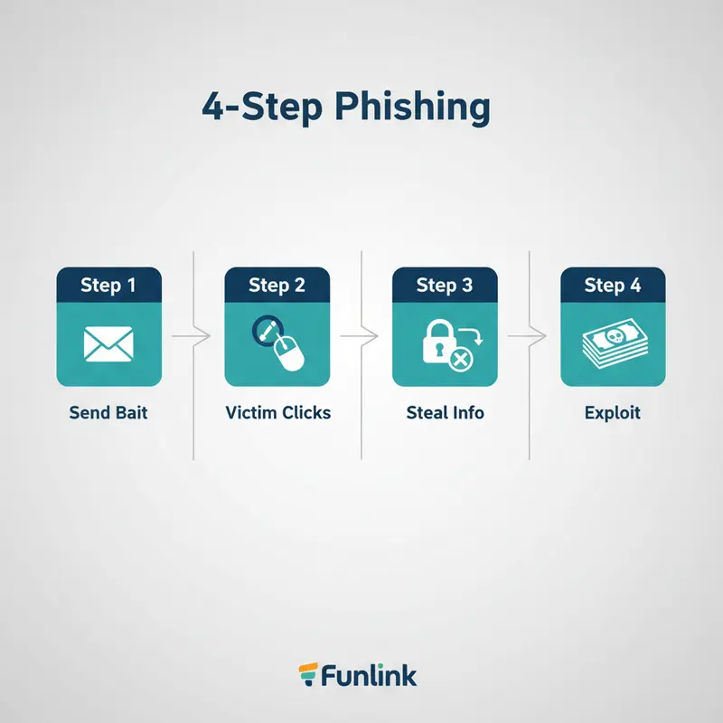 Sơ đồ infographic 4 bước của một cuộc tấn công phishing là gì, từ gửi mồi câu đến lợi dụng thông tin.