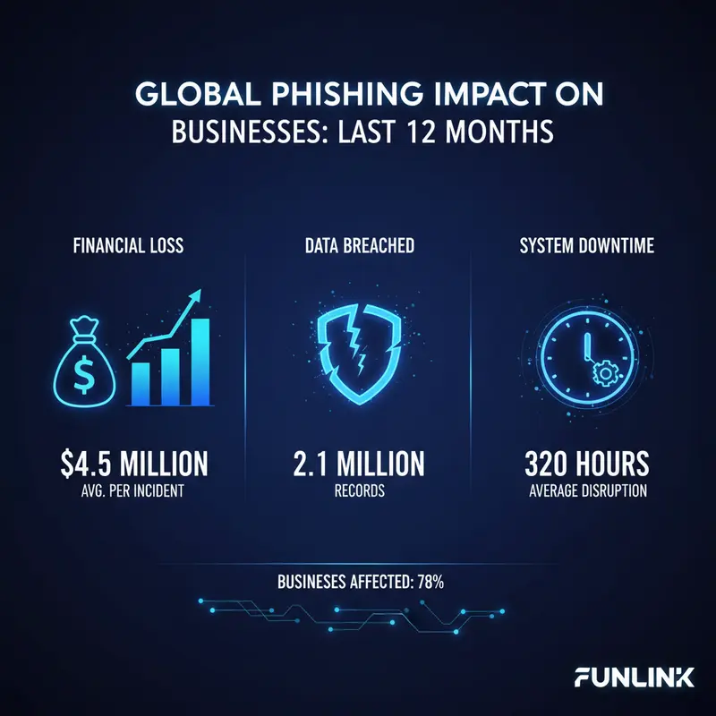 Infographic thống kê thiệt hại từ tấn công phishing vào doanh nghiệp gồm chi phí tài chính và dữ liệu bị đánh cắp.