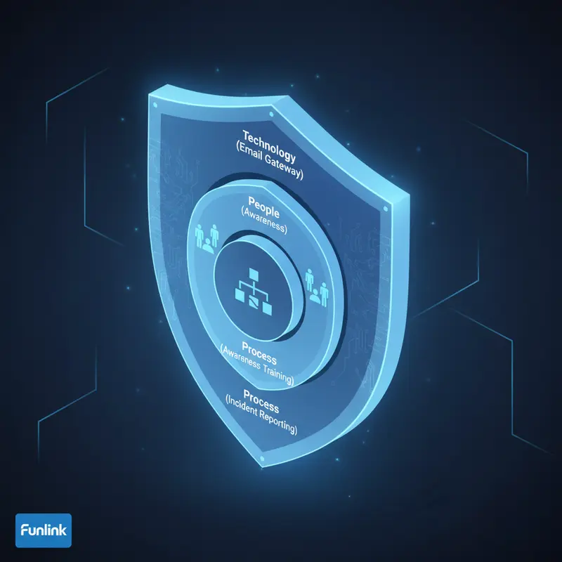 Sơ đồ 3 lớp phòng thủ chống tấn công phishing vào doanh nghiệp: Công nghệ, Con người, Quy trình.