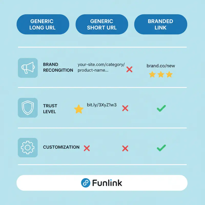 Bảng so sánh chi tiết giữa link gốc, link rút gọn chung và Branded Link về nhận diện thương hiệu và độ tin cậy.