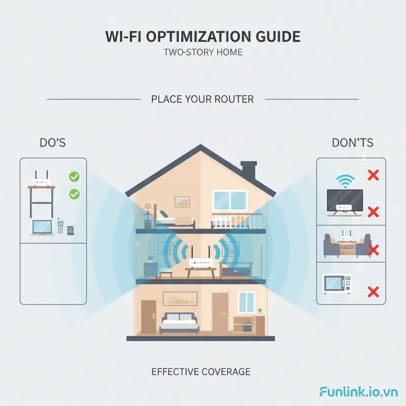 Tăng tốc độ wifi bằng cách đặt router ở vị trí trung tâm và trên cao trong nhà.