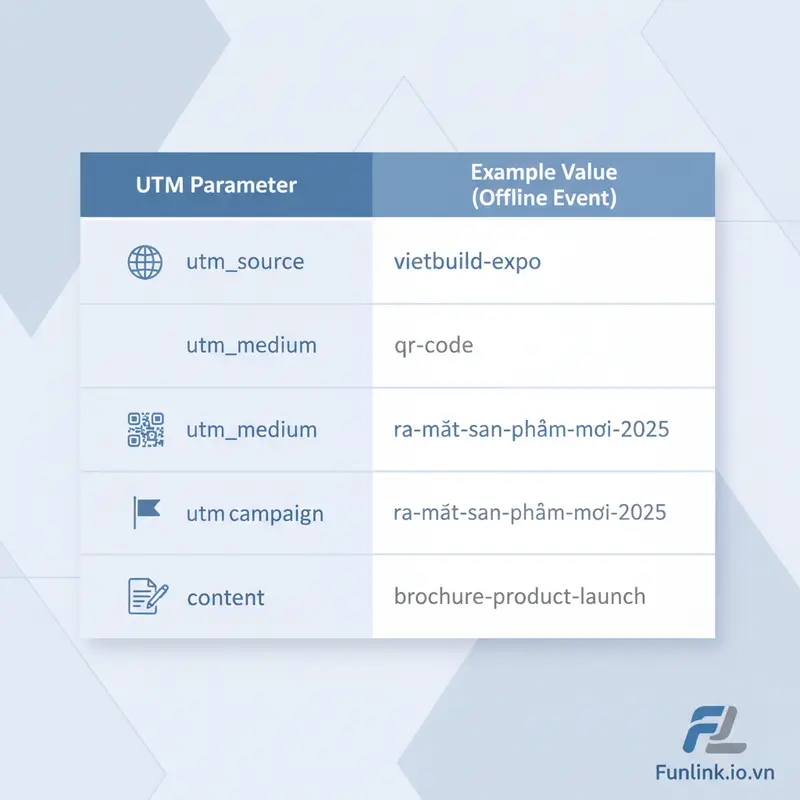 Tạo báo cáo tùy chỉnh trong GA4 với bảng mẫu các tham số UTM cho một chiến dịch sự kiện offline.