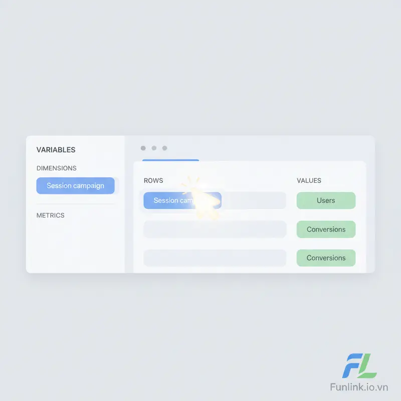 Ảnh GIF hướng dẫn kéo thả dimensions và metrics để tạo báo cáo tùy chỉnh trong GA4.