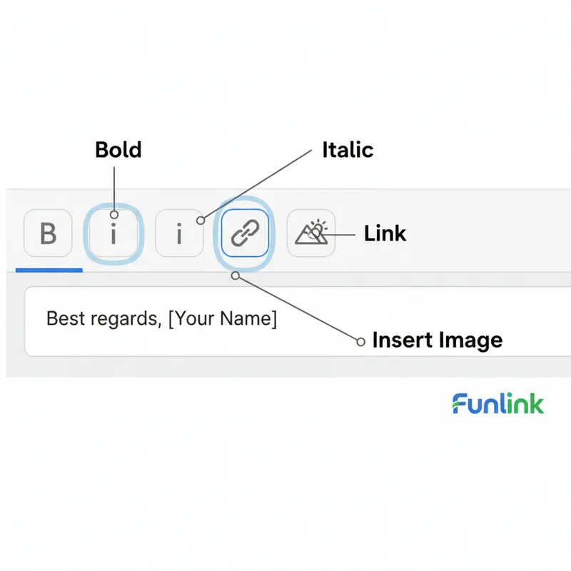 Các công cụ định dạng và chèn ảnh để tạo chữ ký email đẹp mắt.