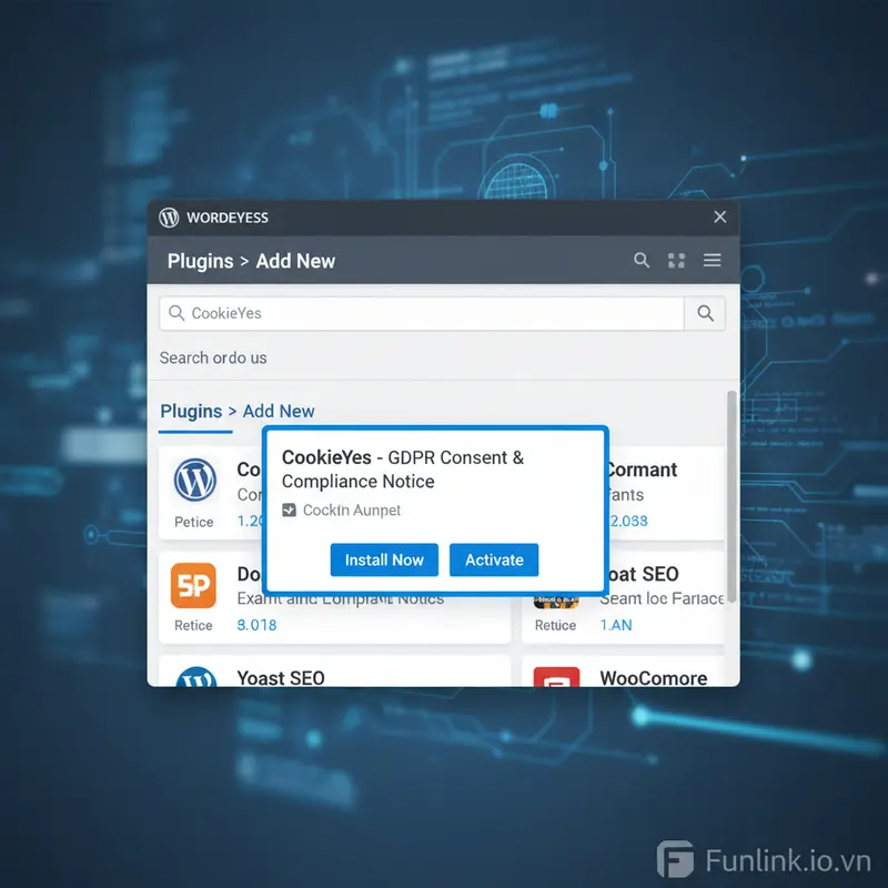 Tìm và cài đặt plugin tạo cookie banner cho WordPress tên là CookieYes.