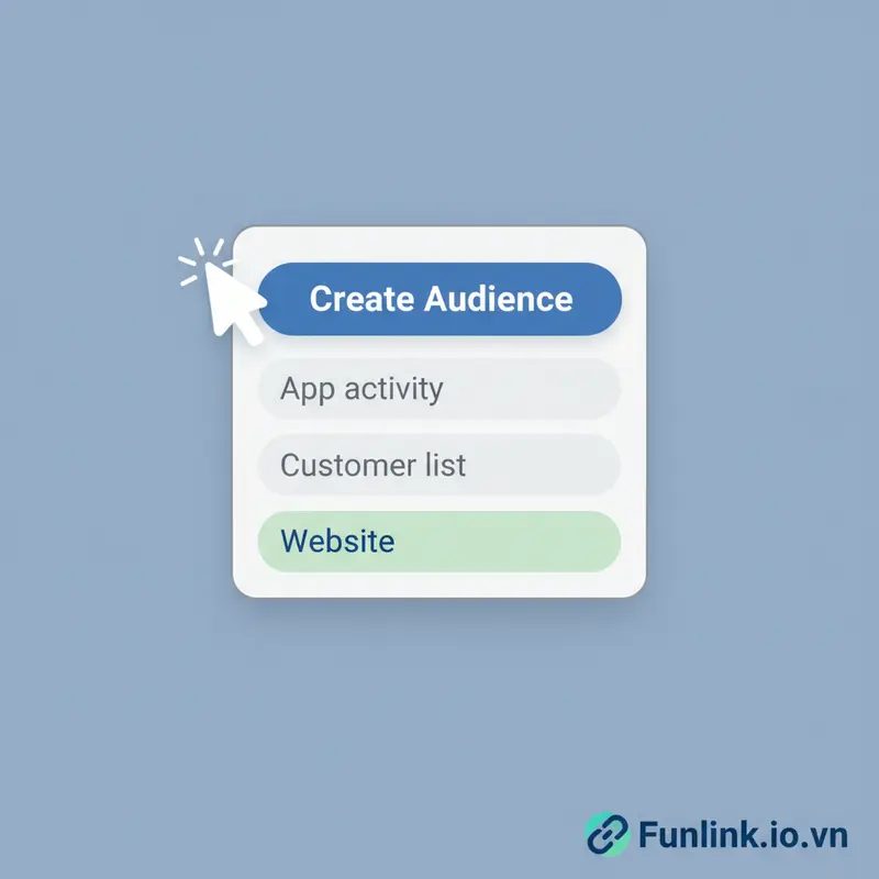 Minh họa các bước chọn tạo đối tượng tùy chỉnh và nguồn dữ liệu Website để tạo custom audience.