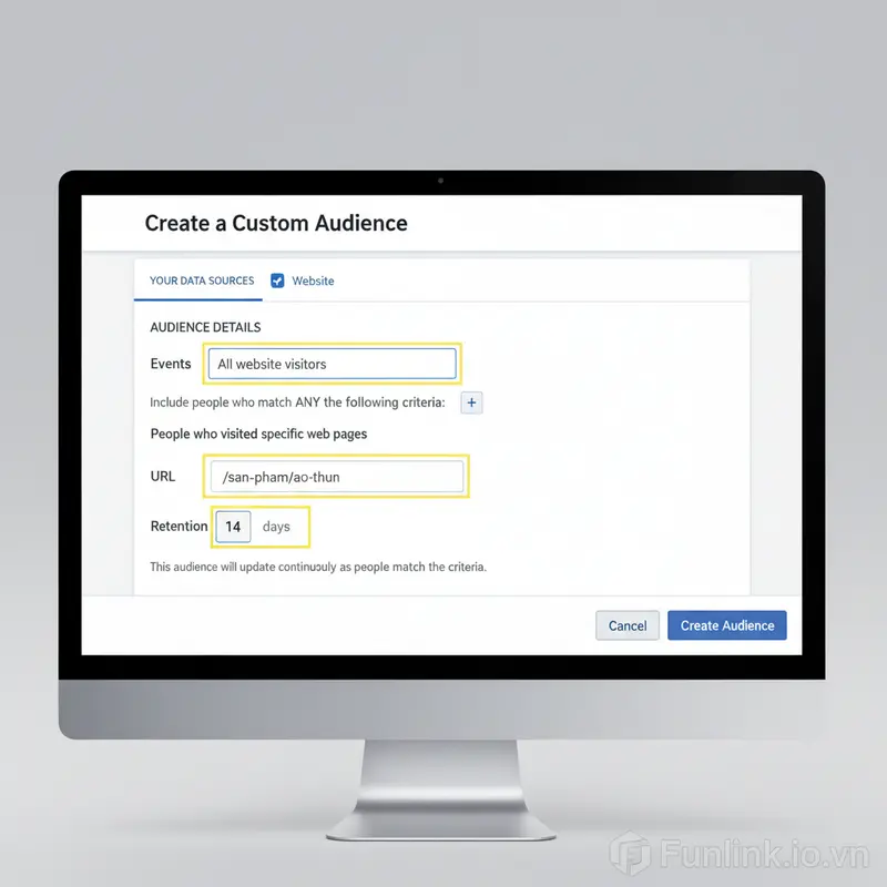 Thiết lập quy tắc URL chứa trang sản phẩm cụ thể để tạo custom audience retargeting.