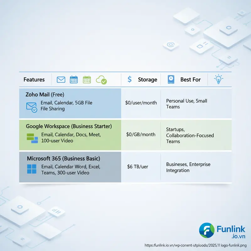 Bảng so sánh chi tiết để tạo email tên miền riêng giữa Zoho miễn phí, Google Workspace và Microsoft 365.