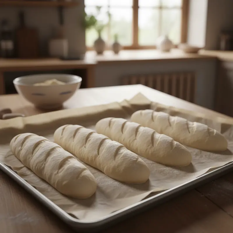 Những ổ bánh mì sống đã được tạo hình thuôn dài và đặt ngay ngắn trên khay nướng có lót giấy nến.