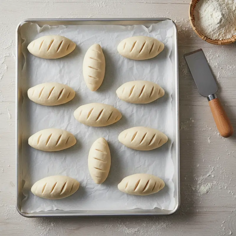 Bột bánh mì đã được tạo hình thành những ổ nhỏ đều nhau trên khay nướng