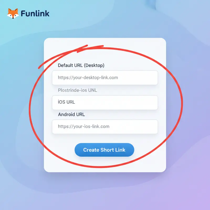 Giao diện cài đặt tạo link điều hướng theo thiết bị trên Funlink, với các ô nhập URL cho Default, iOS và Android.