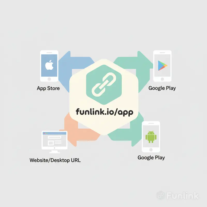 Sơ đồ tạo link điều hướng theo thiết bị: 1 link gốc phân luồng tới App Store cho iOS, Google Play cho Android và website cho Desktop.