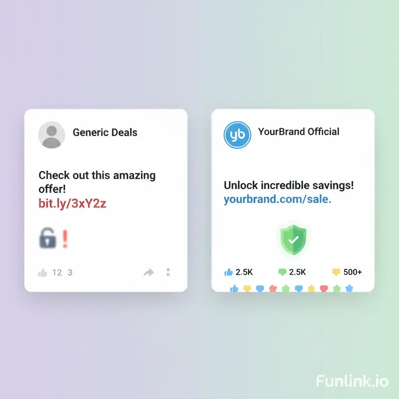 So sánh link rút gọn chung (Bitly) và link rút gọn có thương hiệu riêng, cho thấy link thương hiệu chuyên nghiệp và đáng tin cậy hơn.