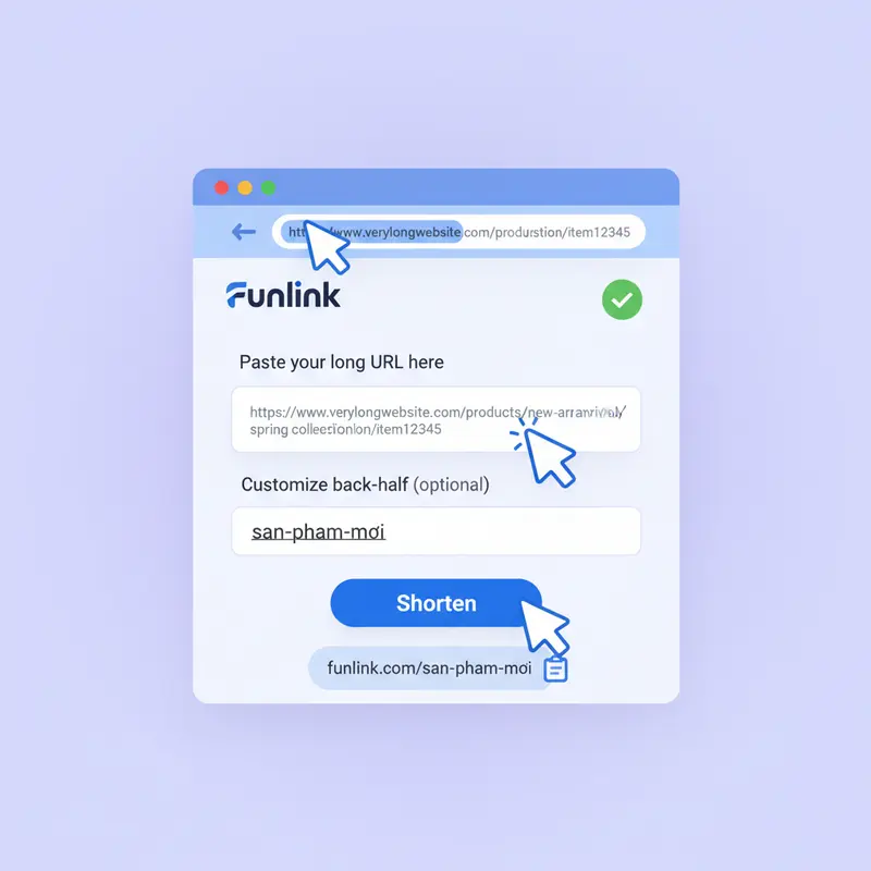 Ảnh GIF hướng dẫn 3 bước tạo link rút gọn miễn phí trên giao diện Funlink.