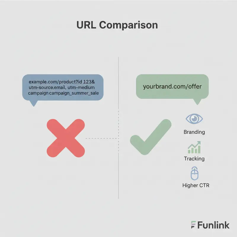 Infographic so sánh link gốc và branded link tạo miễn phí, làm nổi bật lợi ích về branding, tracking, và CTR.