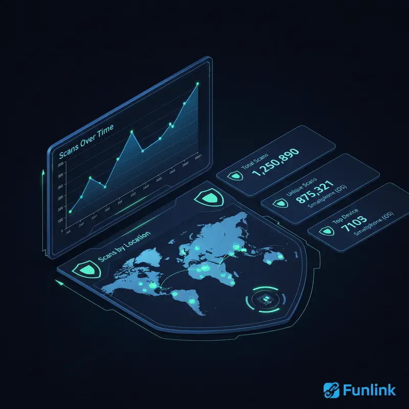 Dashboard phân tích dữ liệu quét mã QR code, hiển thị biểu đồ lượt quét theo thời gian và vị trí.
