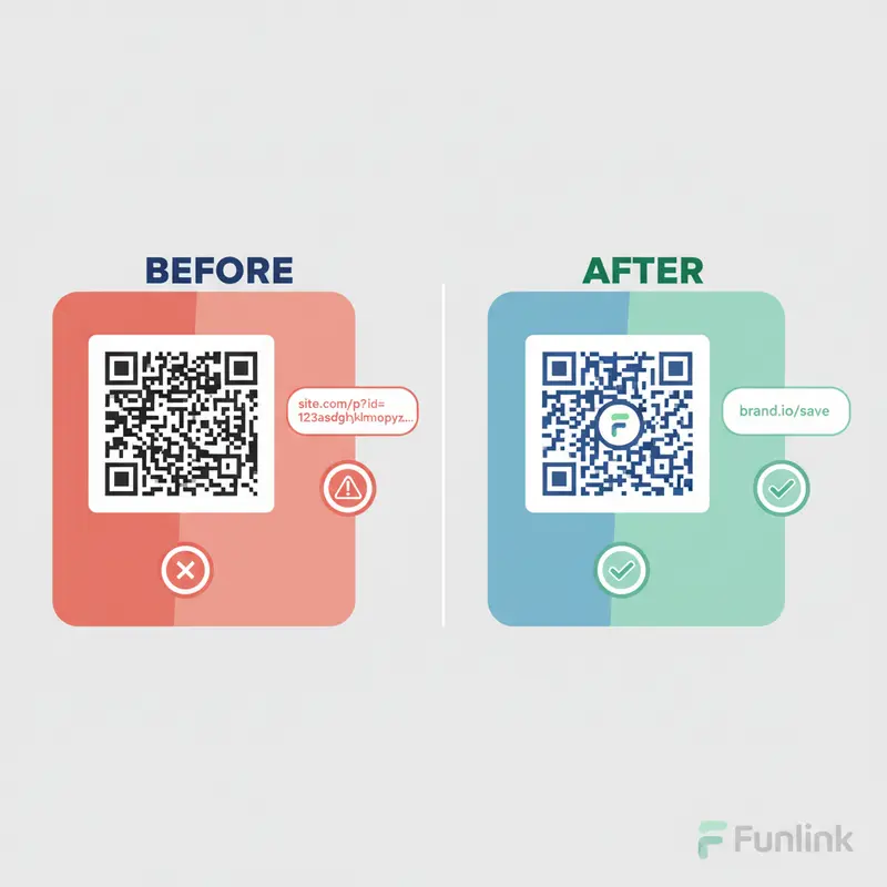 So sánh mã QR code tạo từ link dài và mã QR tạo từ branded link ngắn gọn, chuyên nghiệp.