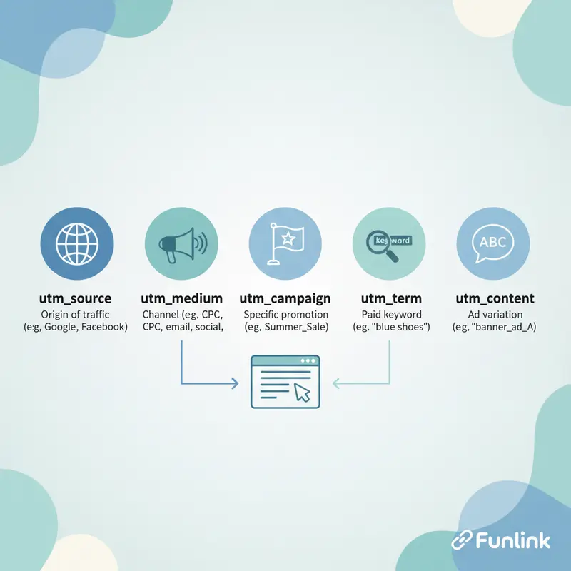 Sơ đồ 5 thành phần cốt lõi để tạo mã UTM tracking: Source, Medium, Campaign, Term, và Content.