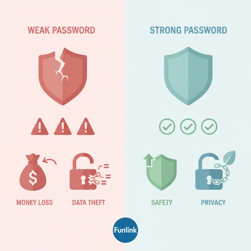 Infographic so sánh hậu quả của việc tạo mật khẩu mạnh và mật khẩu yếu đối với an toàn tài khoản.