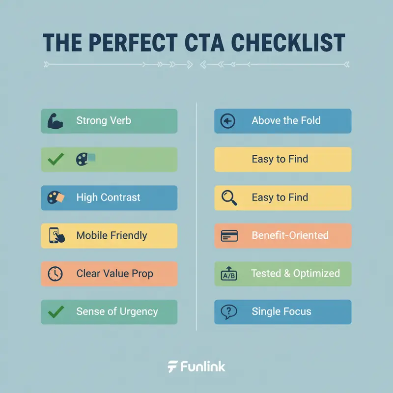 Checklist 10 điểm cần nhớ khi tạo nút call to action hiệu quả, trình bày dưới dạng infographic trực quan.
