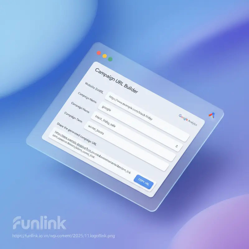 Giao diện Google Campaign URL Builder đang được sử dụng để tạo shortlink có gắn UTM cho một chiến dịch.