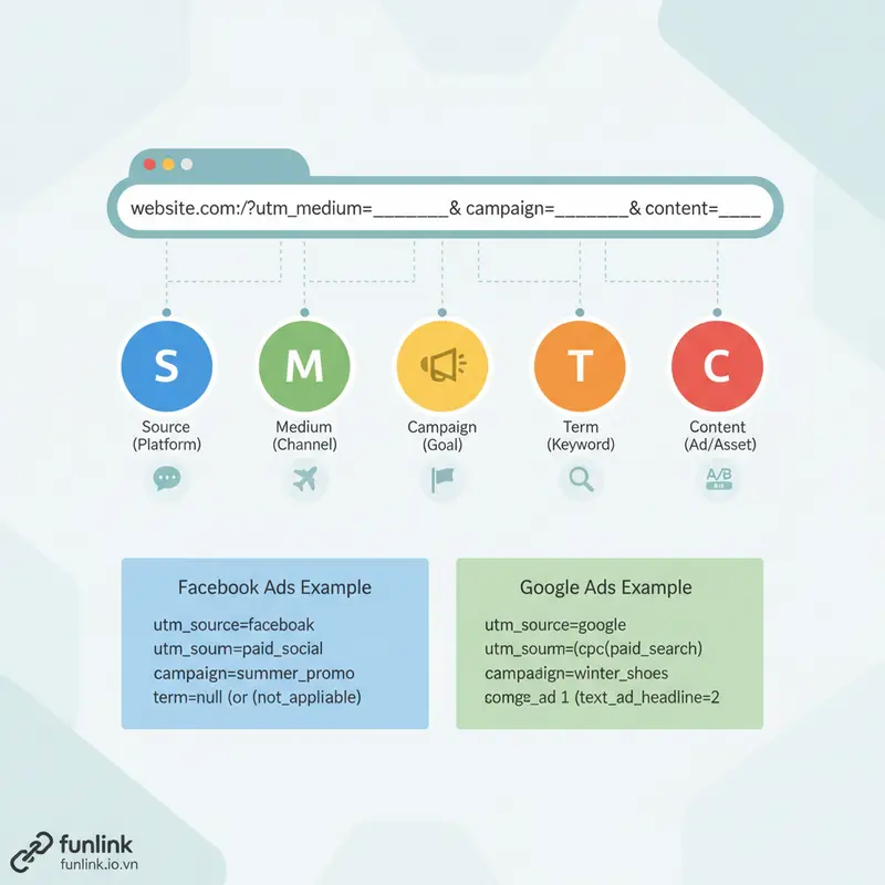 Infographic giải thích 5 thành phần UTM gồm source, medium, campaign, term, content để tạo shortlink có gắn UTM.