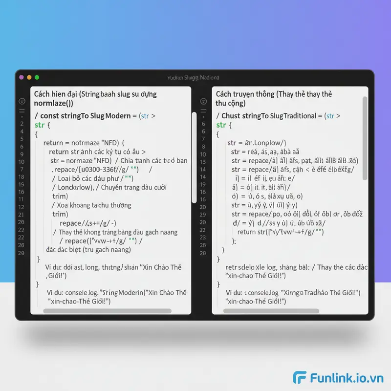 Mã nguồn hàm tạo slug từ chuỗi bằng JavaScript, so sánh hai phương pháp normalize() và thủ công.