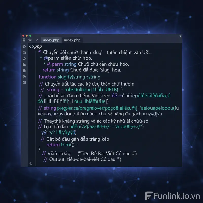 Mã nguồn hàm tạo slug từ chuỗi bằng PHP, có comment giải thích chi tiết từng dòng lệnh.