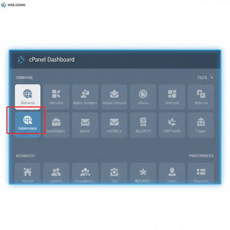 Giao diện cPanel để tạo subdomain, với mục Subdomains được khoanh đỏ.