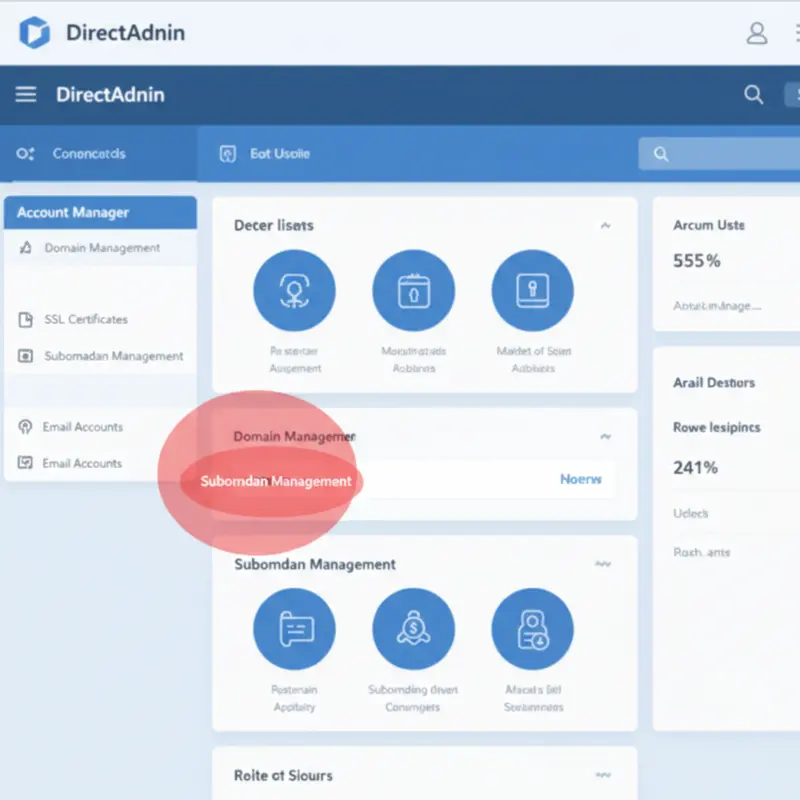 Giao diện DirectAdmin để tạo subdomain với mục Subdomain Management được khoanh đỏ.