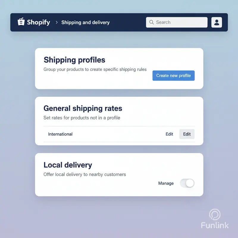 Khu vực cài đặt phí vận chuyển và khu vực giao hàng khi tạo website bán hàng bằng Shopify.