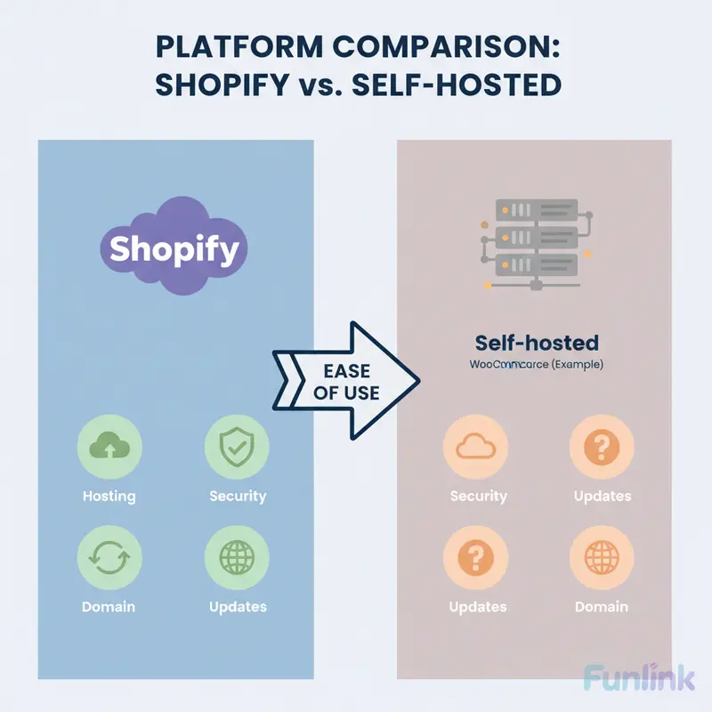 Infographic so sánh mô hình All-in-one của Shopify và Self-hosted để tạo website bán hàng bằng Shopify.