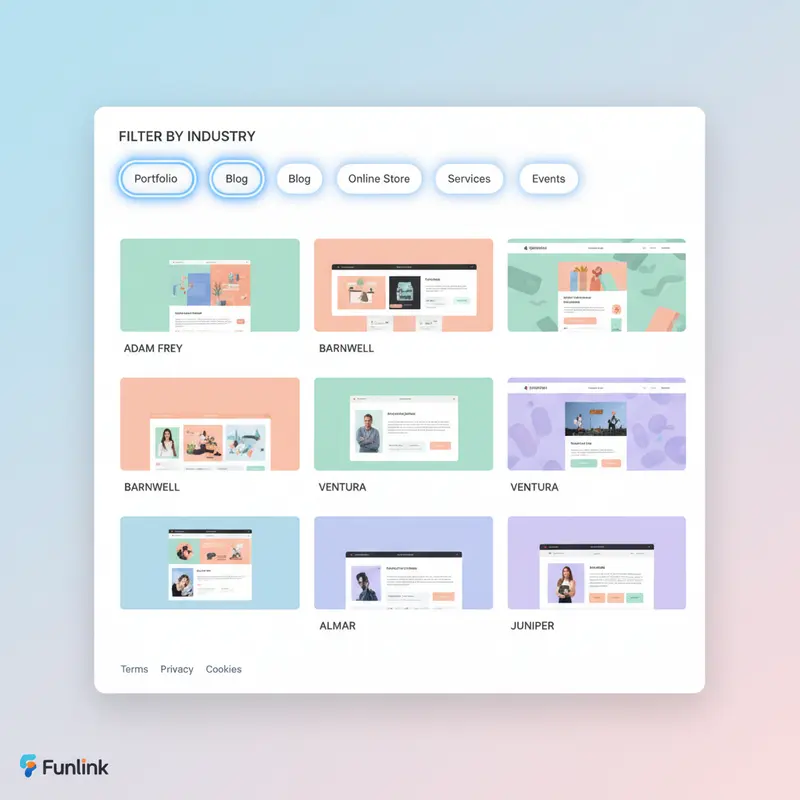Giao diện thư viện template để tạo website với Squarespace, làm nổi bật các bộ lọc ngành nghề.
