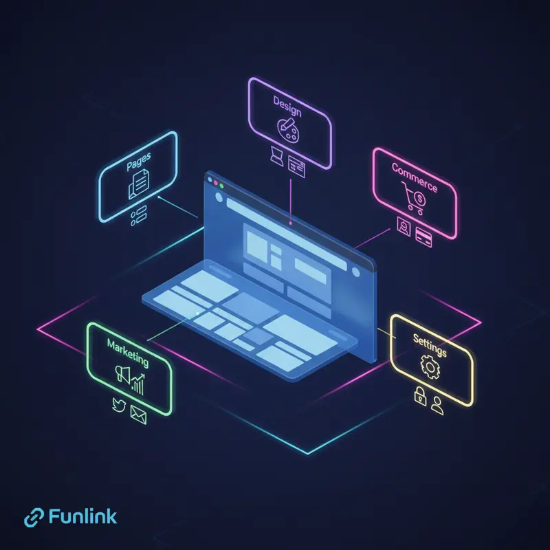 Tổng quan giao diện quản trị để tạo website với Squarespace, chú thích các mục chính.