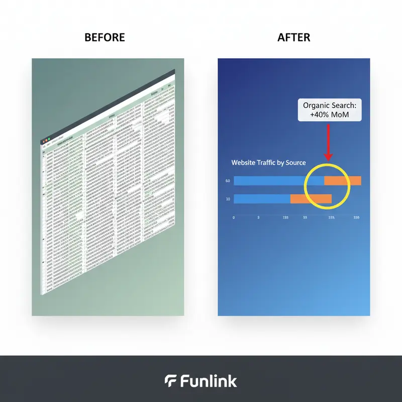 So sánh báo cáo UTM trước và sau khi dùng template quản lý UTM, từ số liệu rối rắm thành biểu đồ trực quan.