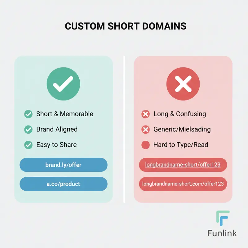Infographic so sánh tên miền rút gọn link hiệu quả (brand.ly/offer) và không hiệu quả (longbrandname-short.com/offer123).