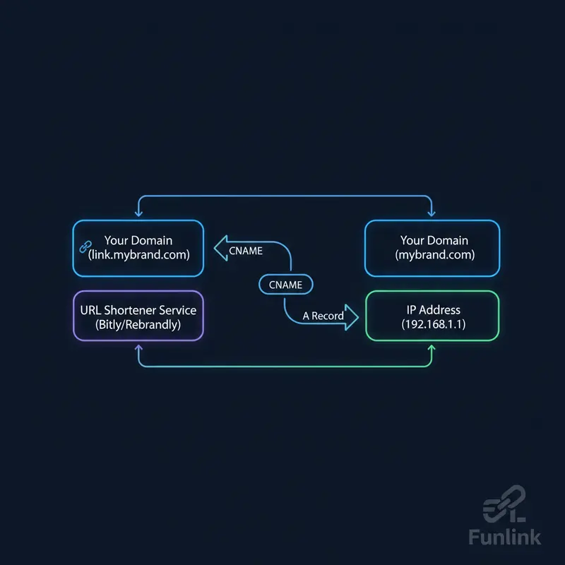 Sơ đồ giải thích cách CNAME record trỏ tên miền rút gọn link về dịch vụ và A record trỏ về địa chỉ IP.