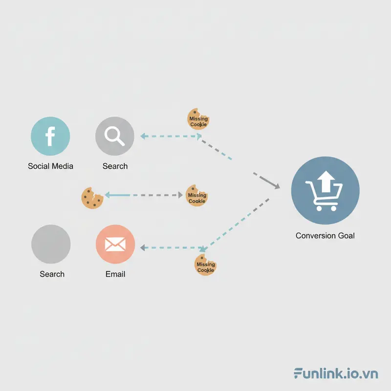 Sơ đồ hành trình khách hàng phân mảnh, một thách thức marketing attribution lớn do thiếu cookie.