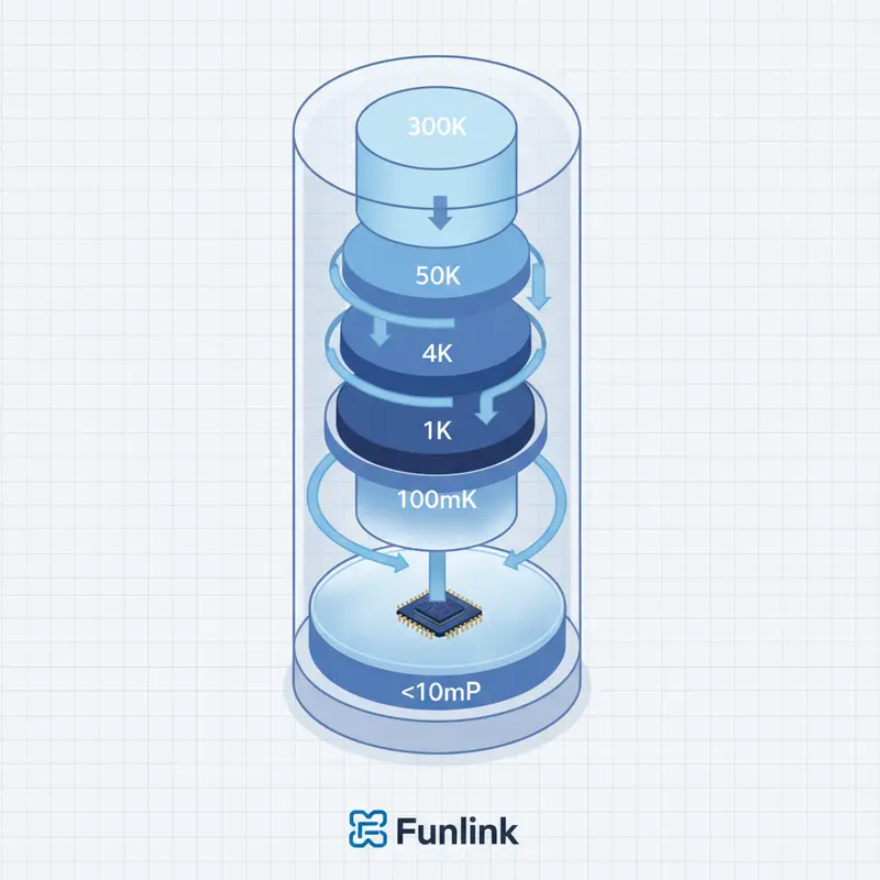 Biểu đồ cắt lớp hệ thống làm lạnh pha loãng, một giải pháp cho thách thức phần cứng lượng tử về nhiệt độ.