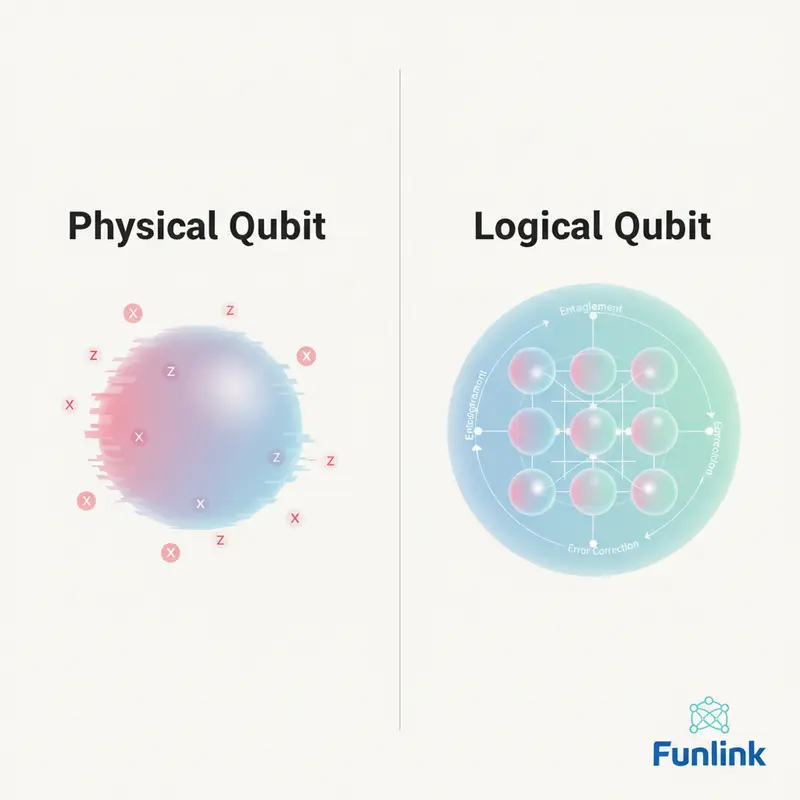Infographic so sánh qubit vật lý và qubit logic, giải pháp cho thách thức phần cứng lượng tử về sửa lỗi.
