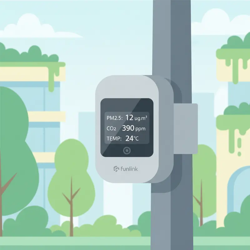 Cảm biến môi trường trong thành phố thông minh đang đo lường chất lượng không khí.