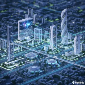 Thành phố thông minh - Toàn cảnh một đô thị tương lai với các luồng dữ liệu kết nối vạn vật.