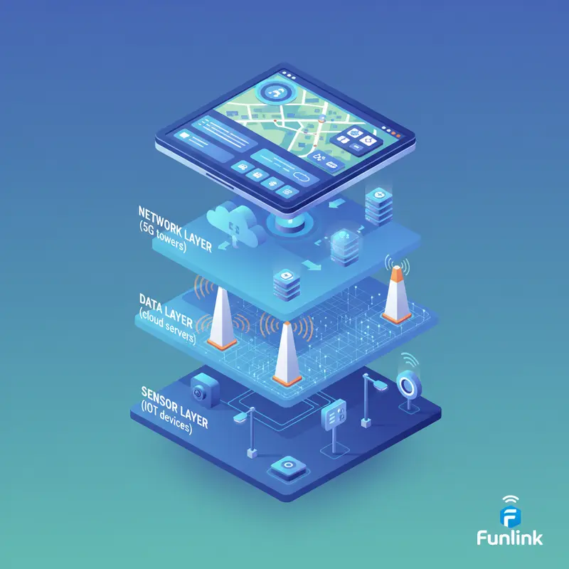 Sơ đồ các lớp công nghệ của một thành phố thông minh, bao gồm IoT, 5G và AI.